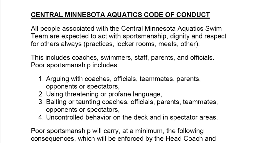 Central Minnesota Aquatics Code Of Conduct